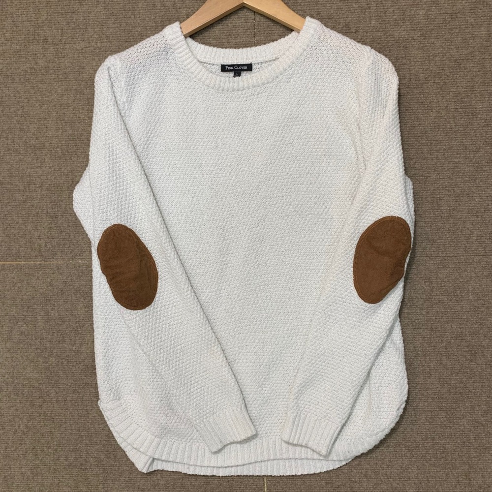 Pink Clover Womens Sweater Large White Suede Elbow Patch Textured Knit 51792B-ST